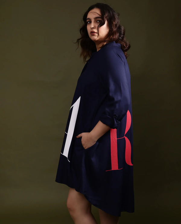 Rareism Women's Leor Dark Blue Tencel Fabric Mandarin Collar Button Closure Full Sleeve Graphic Print A-Line Short Dress