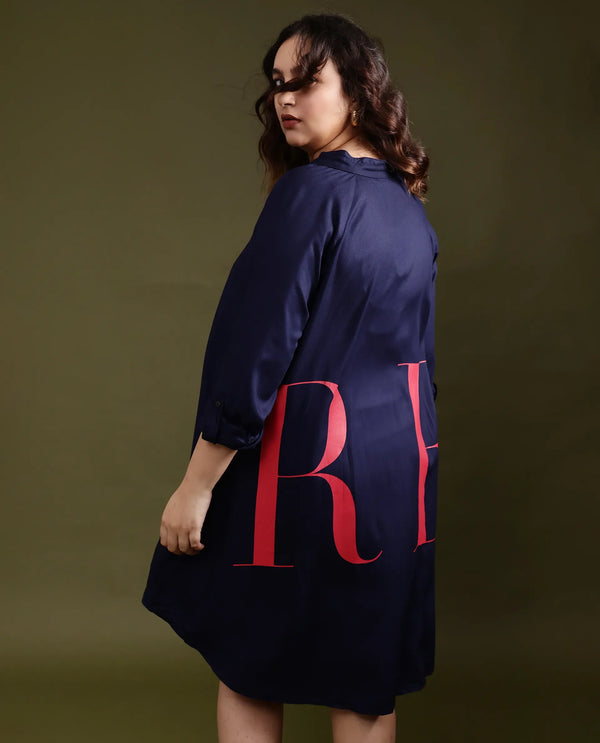 Rareism Women's Leor Dark Blue Tencel Fabric Mandarin Collar Button Closure Full Sleeve Graphic Print A-Line Short Dress