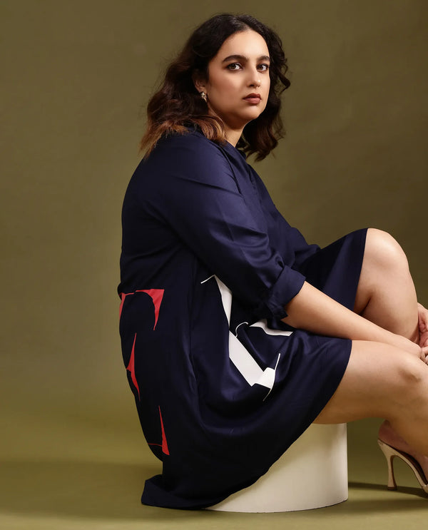 Rareism Women's Leor Dark Blue Tencel Fabric Mandarin Collar Button Closure Full Sleeve Graphic Print A-Line Short Dress