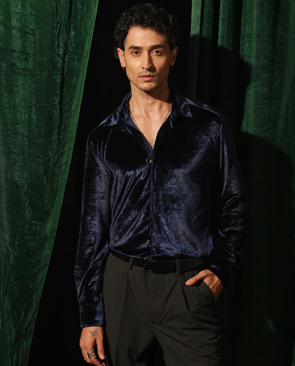 Rare Rabbit Men's Valve Navy Velvet Fabric Full Sleeves Solid Shirt