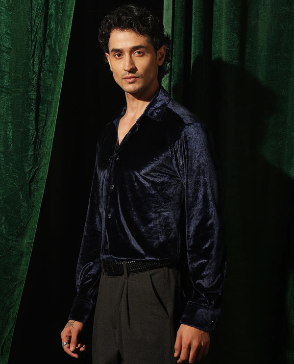 Rare Rabbit Men's Valve Navy Velvet Fabric Full Sleeves Solid Shirt