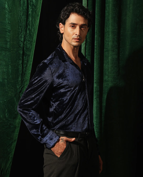 Rare Rabbit Men's Valve Navy Velvet Fabric Full Sleeves Solid Shirt
