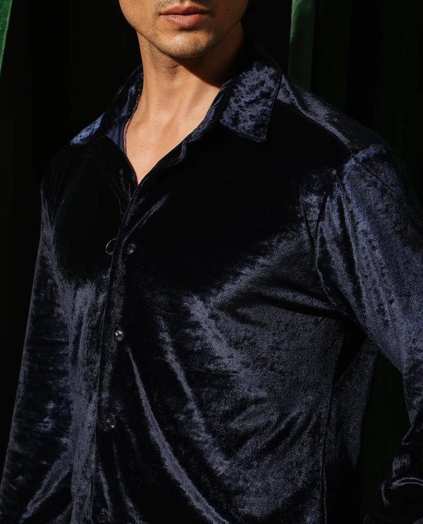 Rare Rabbit Men's Valve Navy Velvet Fabric Full Sleeves Solid Shirt