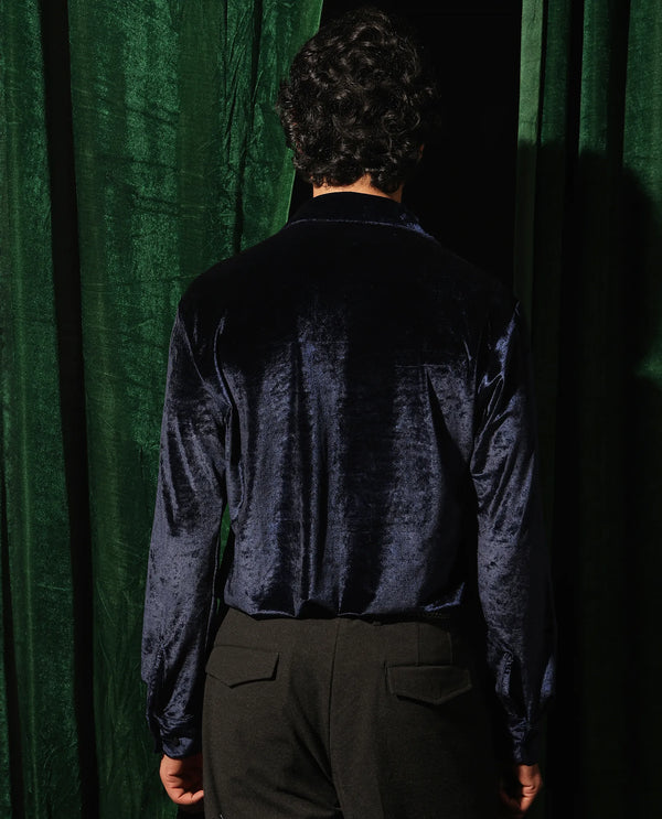 Rare Rabbit Men's Valve Navy Velvet Fabric Full Sleeves Solid Shirt