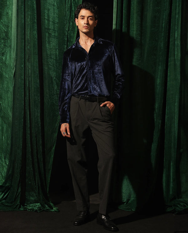 Rare Rabbit Men's Valve Navy Velvet Fabric Full Sleeves Solid Shirt