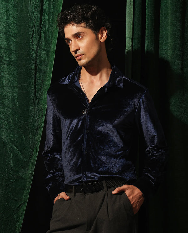 Rare Rabbit Men's Valve Navy Velvet Fabric Full Sleeves Solid Shirt