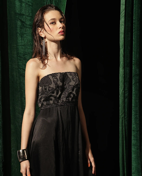Rareism Women Nizfer Black Satin Sleeveless Tube Neck Zipper Closure Fit And Flare Midi Plain Dress