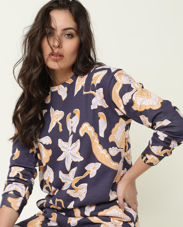 Rareism Women Denise Navy Cotton Fabric Relaxed Fit Full Sleeves Abstract Print Crew Neck Sweatshirt