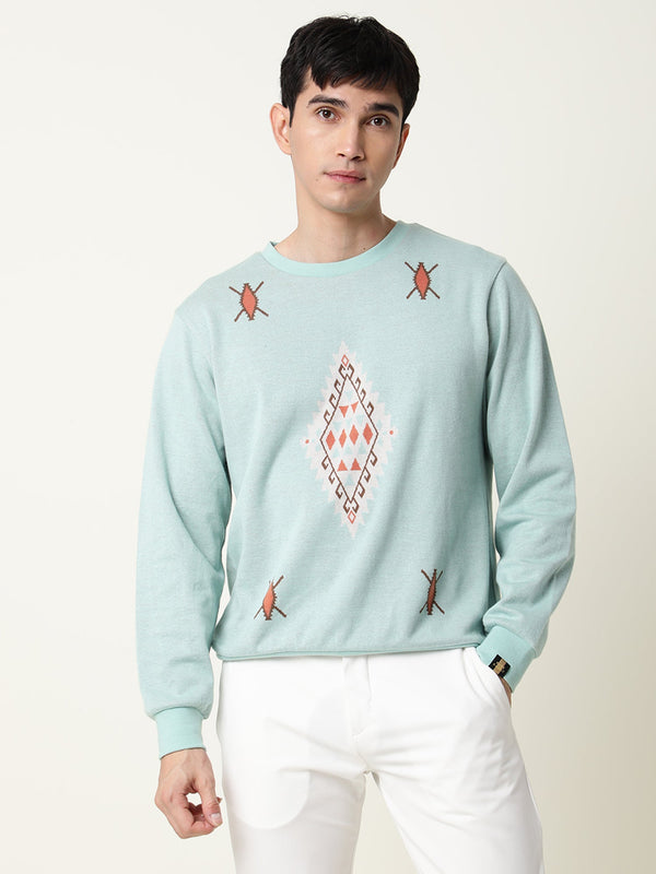 Rare Rabbit Men's Aztec Blue Cotton Fabric Full Sleeves Abstract Print Knitted Sweatshirt