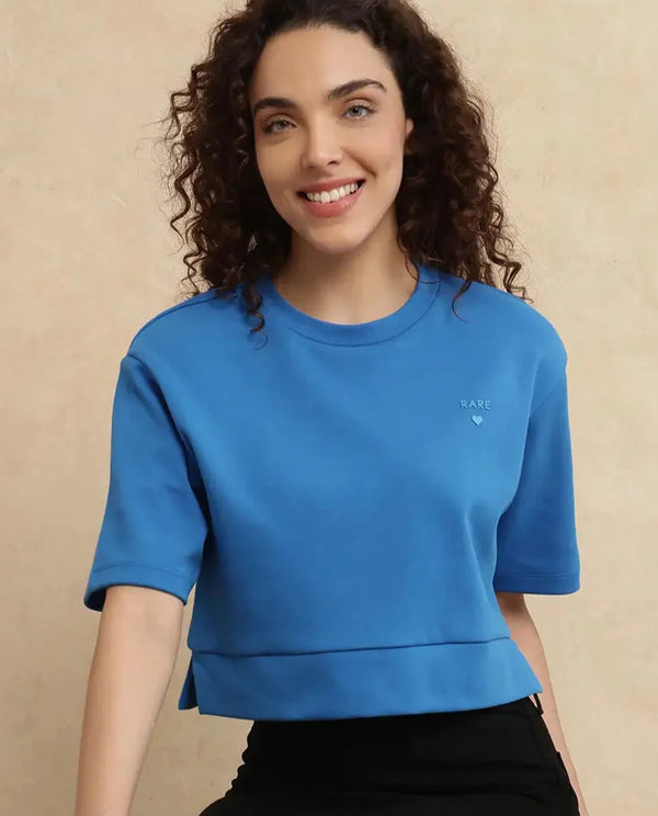 Rareism Women Afrib Blue Cotton Poly Fabric Half Sleeve Crew Neck Cropped Plain T-Shirt