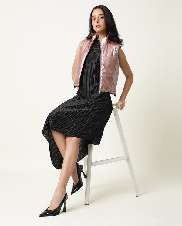 Rareism Women Aloof Black Round Neck Sleeveless Asymmetric Hem Knee Length Dress