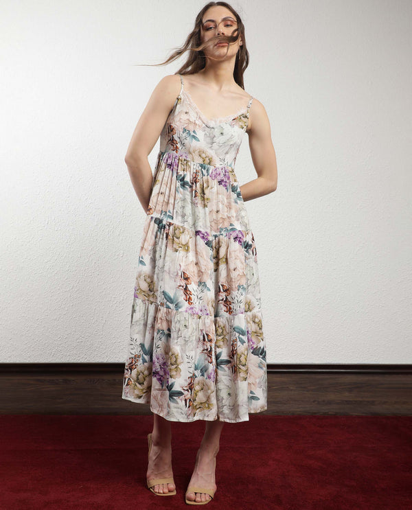 Rareism Women Joanna Multi Cotton Fabric Sleeveless V-Neck Shoulder Straps Regular Fit Floral Print Midi Tiered Dress