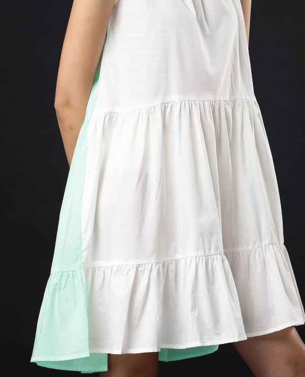 Rareism Women Exam Green Sleeveless Band Collar Ruffled Neck Tiered Knee Length Dress
