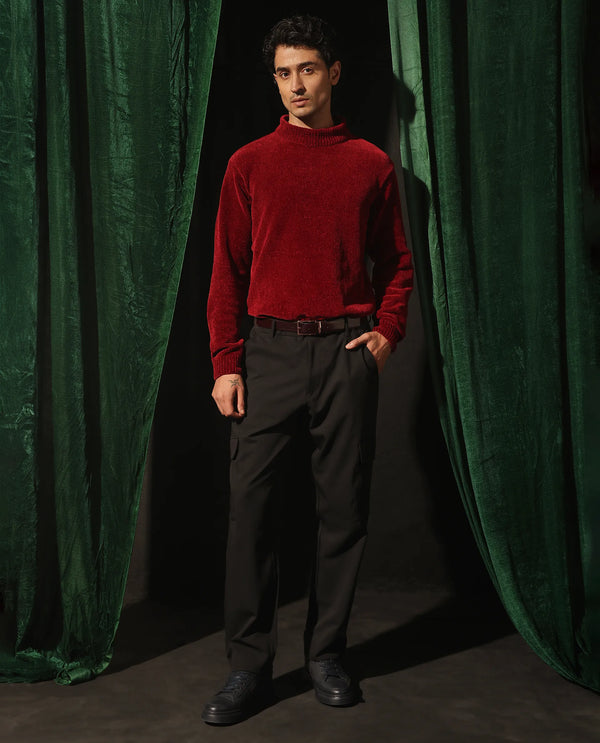Rare Rabbit Men's Chens Red Chenille Fabric Full Sleeve Regular Fit Crew Neck Textured Sweater