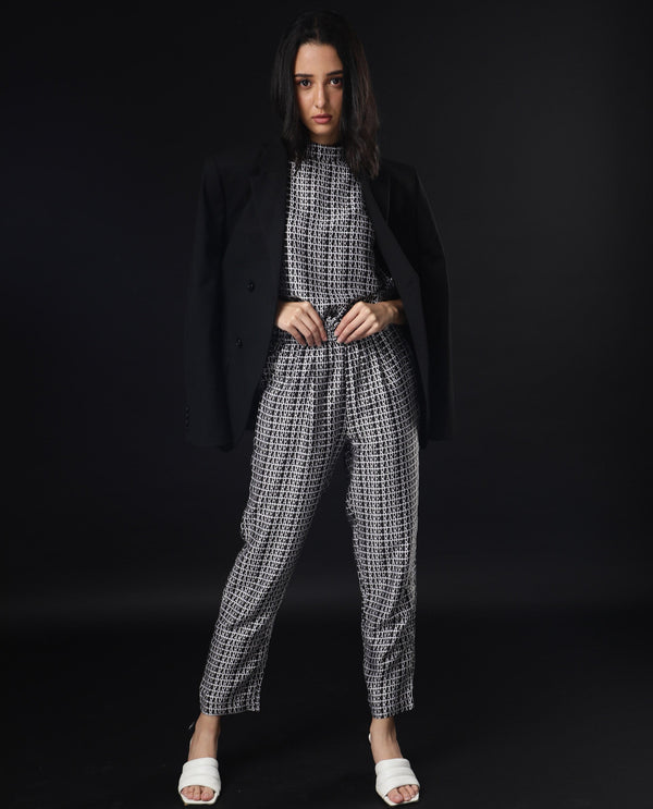 Rareism Women Blakey Black Modal Satin Fabric Tailored Fit Mid Rise Graphic Print Ankle Length Trousers