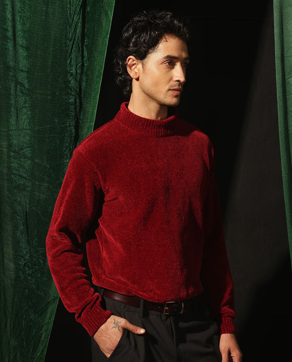 Rare Rabbit Men's Chens Red Chenille Fabric Full Sleeve Regular Fit Crew Neck Textured Sweater