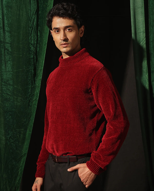 Rare Rabbit Men's Chens Red Chenille Fabric Full Sleeve Regular Fit Crew Neck Textured Sweater