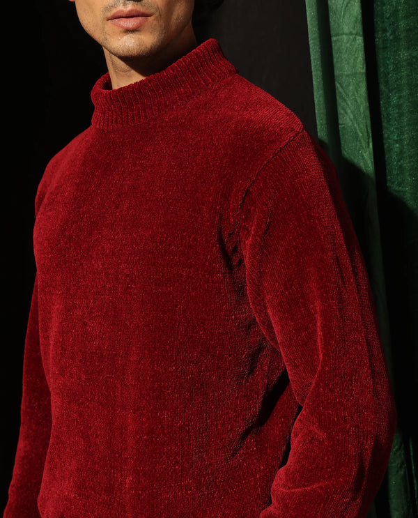 Rare Rabbit Men's Chens Red Chenille Fabric Full Sleeve Regular Fit Crew Neck Textured Sweater