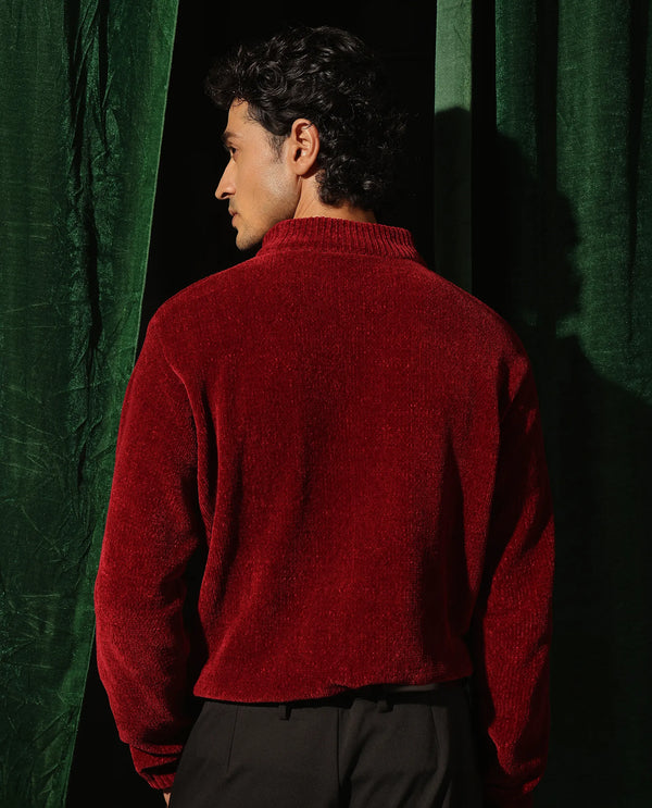 Rare Rabbit Men's Chens Red Chenille Fabric Full Sleeve Regular Fit Crew Neck Textured Sweater