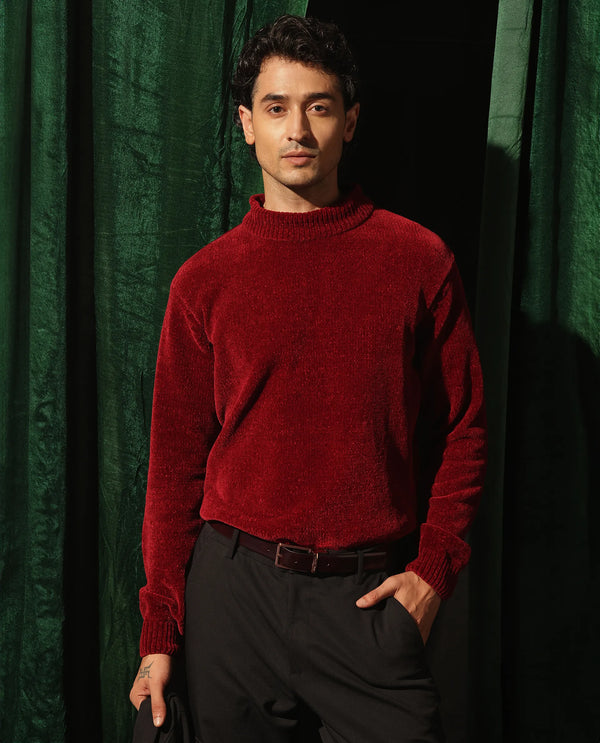 Rare Rabbit Men's Chens Red Chenille Fabric Full Sleeve Regular Fit Crew Neck Textured Sweater