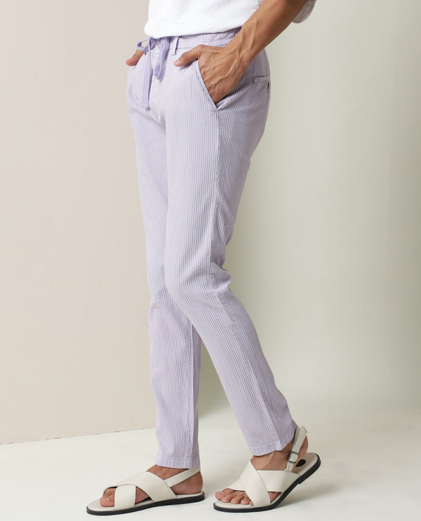 Rare Rabbit Men's Monter Pastel Purple Stripe Dobby Mid-Rise With Drawstring And Elastic Waistband Regular Fit Trouser