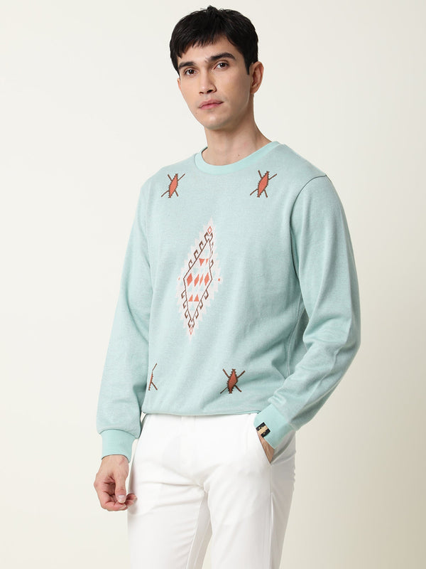 Rare Rabbit Men's Aztec Blue Cotton Fabric Full Sleeves Abstract Print Knitted Sweatshirt