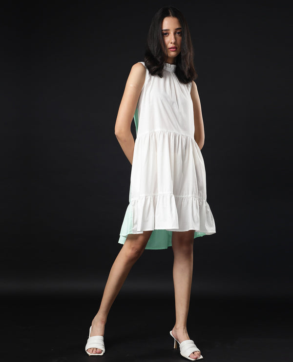 Rareism Women Exam Green Sleeveless Band Collar Ruffled Neck Tiered Knee Length Dress