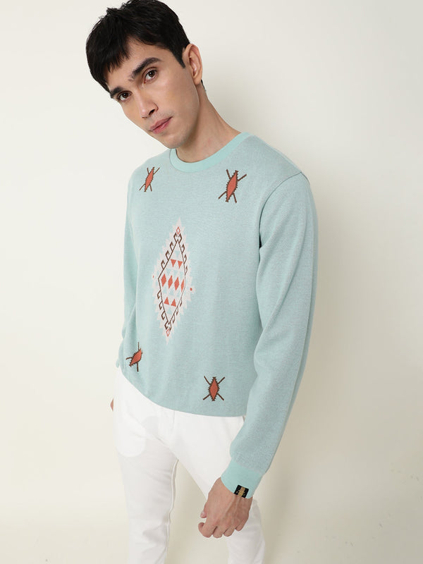 Rare Rabbit Men's Aztec Blue Cotton Fabric Full Sleeves Abstract Print Knitted Sweatshirt