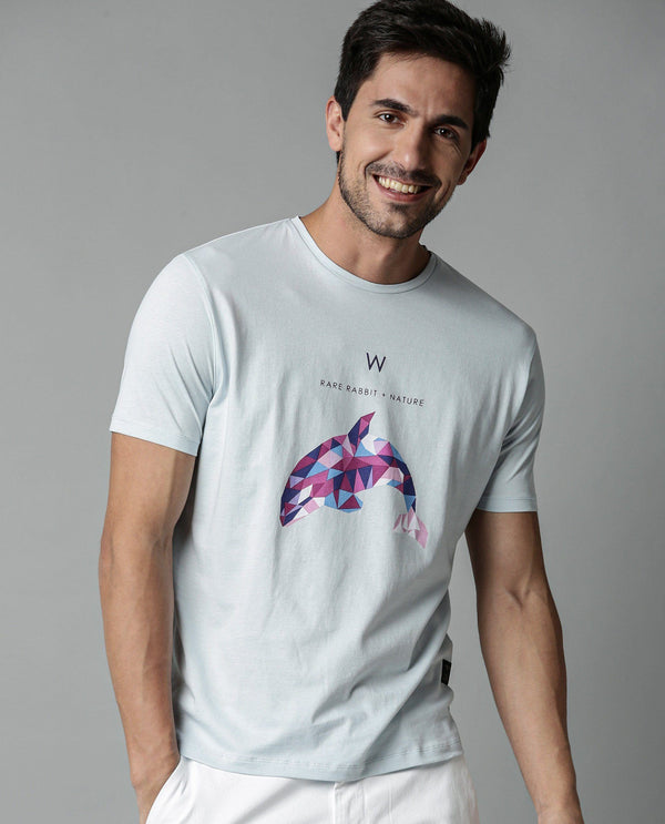 Rare Rabbit Men's Cause Blue Crew Neck Statement Graphic Print Half Sleeves Slim Fit T-Shirt