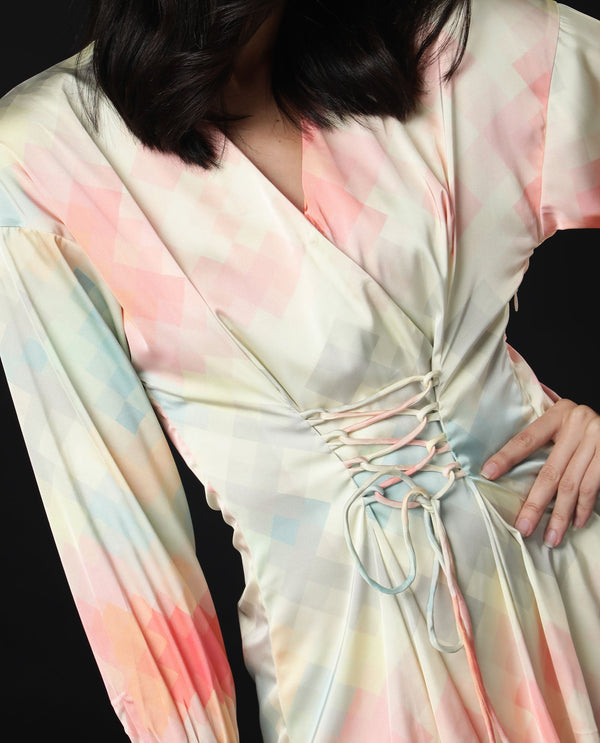 Rareism Women Seattle Off White Abstract Overlap V Neck With Criss Cross Tie Up Waist And Full Sleeves Cuff Mini Dress