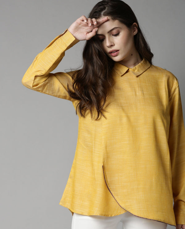 Rareism Womens Kara Yellow Top Polycotton Fabric Full Sleeves Collar Neck