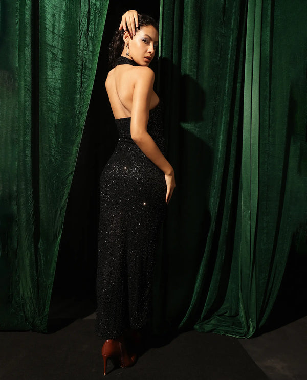 Rareism Women Ardhan Metallic Black Polyester Fabric Sleeveless Halter Neck Button Closure Fitted Maxi Plain Dress