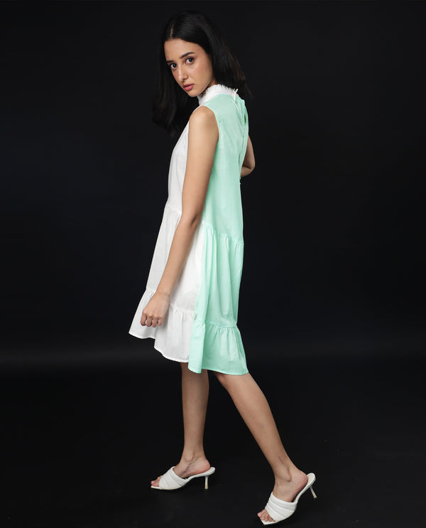 Rareism Women Exam Green Sleeveless Band Collar Ruffled Neck Tiered Knee Length Dress