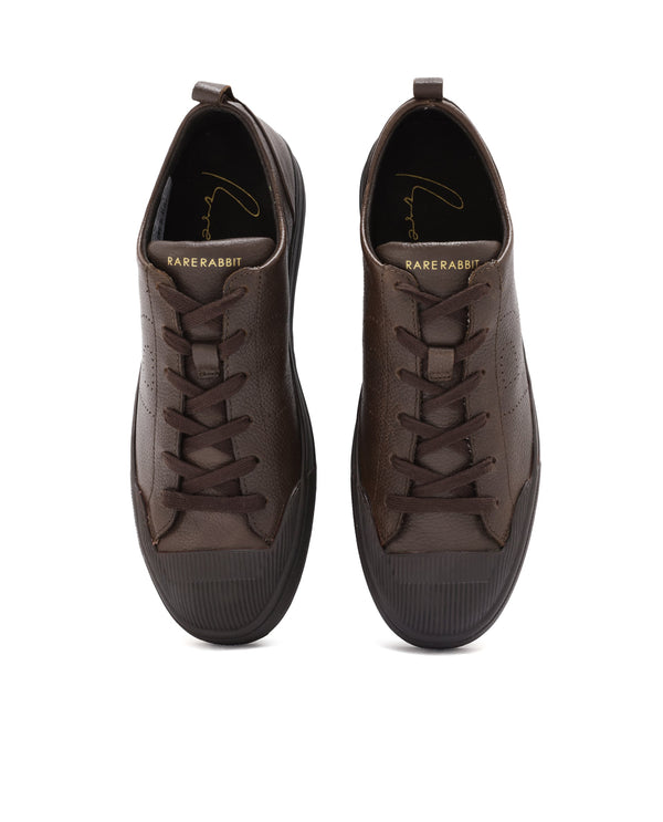 Rare Rabbit Mens Sauron Pro Dark Brown Premium Milled Leather Lace Up Low Top Round Toe Sneaker Shoes