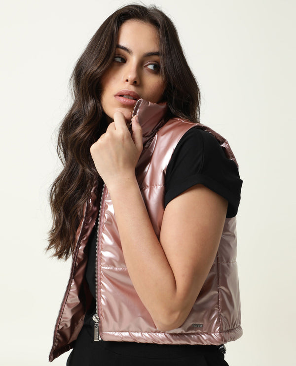 Rareism Women Mindy Pink Polyester Fabric Sleeveless Solid High Neck Jacket