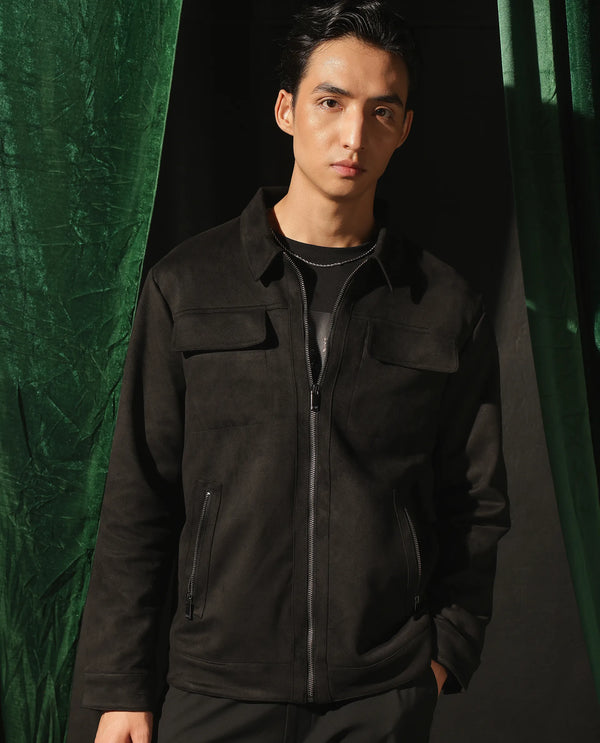 Rare Rabbit Men Baxo Black Suede Fabric Full Sleeve Collared Zipper Closure Regular Fit Plain Jacket