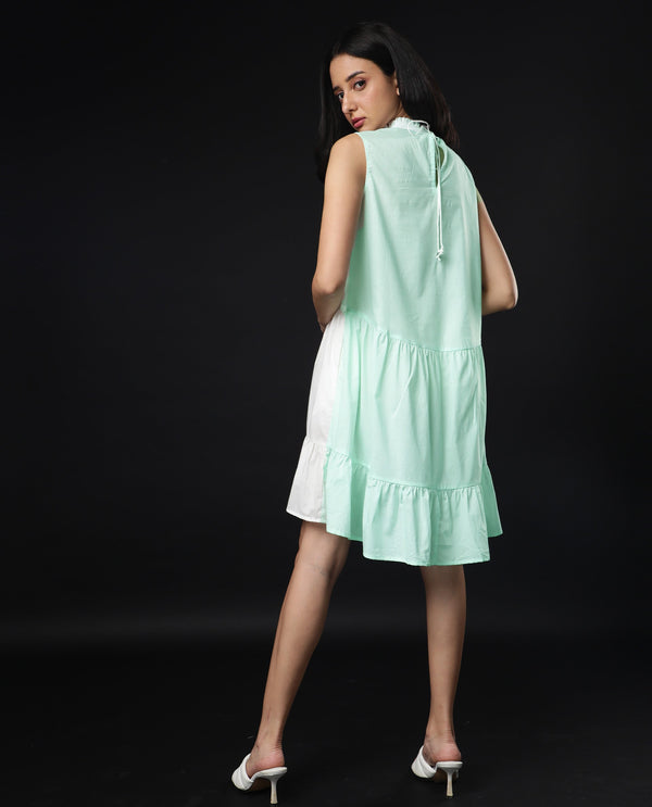 Rareism Women Exam Green Sleeveless Band Collar Ruffled Neck Tiered Knee Length Dress
