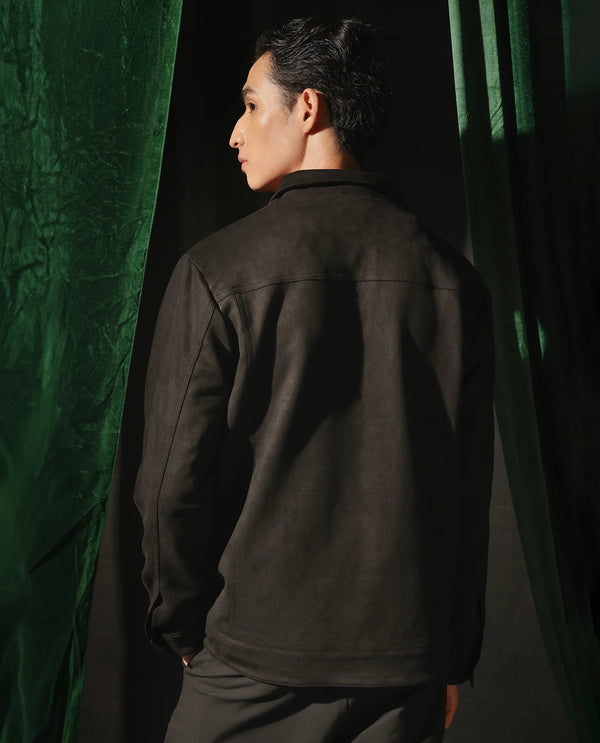 Rare Rabbit Men Baxo Black Suede Fabric Full Sleeve Collared Zipper Closure Regular Fit Plain Jacket
