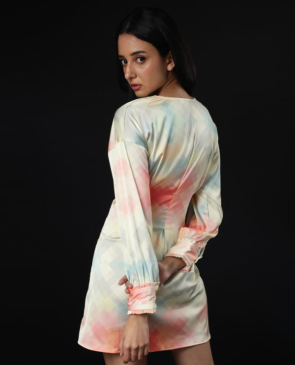 Rareism Women Seattle Off White Abstract Overlap V Neck With Criss Cross Tie Up Waist And Full Sleeves Cuff Mini Dress