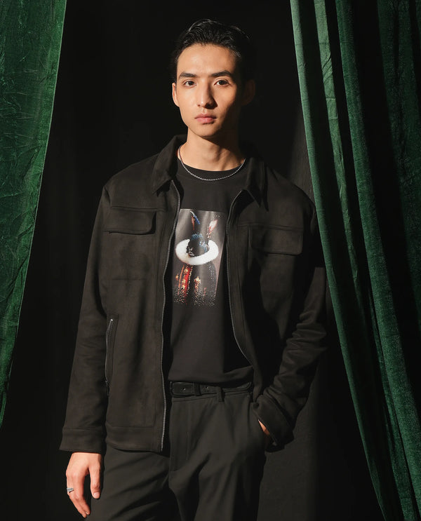 Rare Rabbit Men Baxo Black Suede Fabric Full Sleeve Collared Zipper Closure Regular Fit Plain Jacket