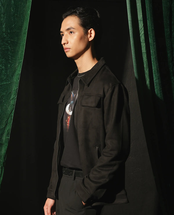 Rare Rabbit Men Baxo Black Suede Fabric Full Sleeve Collared Zipper Closure Regular Fit Plain Jacket