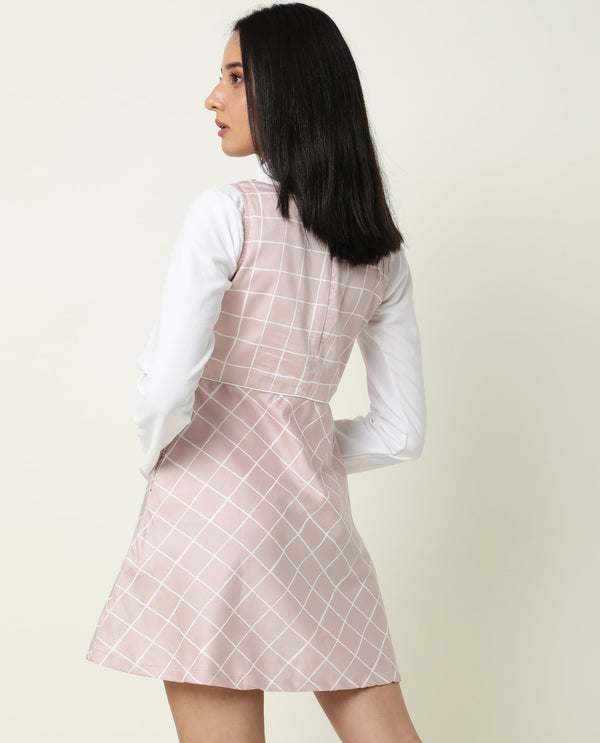 Rareism Women's Akal Pink Cotton Blend Fabric V-Neck Zipper Closure Sleeveless Checked  Mini Dress