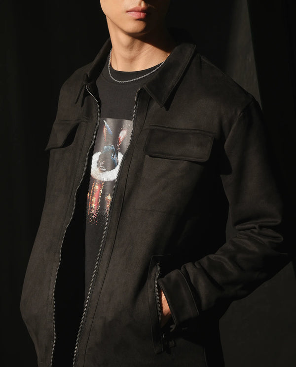 Rare Rabbit Men Baxo Black Suede Fabric Full Sleeve Collared Zipper Closure Regular Fit Plain Jacket