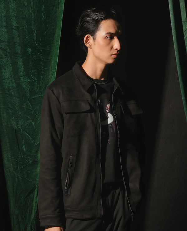 Rare Rabbit Men Baxo Black Suede Fabric Full Sleeve Collared Zipper Closure Regular Fit Plain Jacket