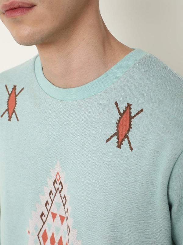 Rare Rabbit Men's Aztec Blue Cotton Fabric Full Sleeves Abstract Print Knitted Sweatshirt