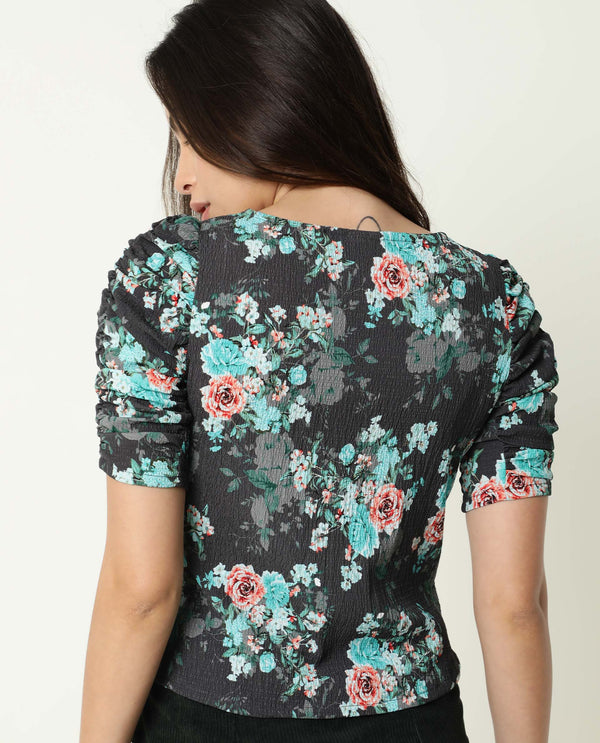 Rareism Womens Flake Grey Top Polycotton Fabric  3/4 Sleeve Round Neck