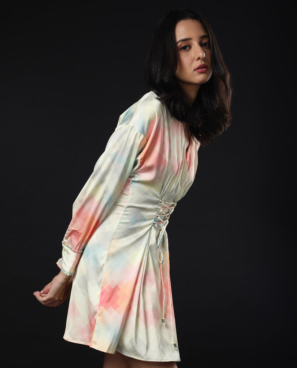 Rareism Women Seattle Off White Abstract Overlap V Neck With Criss Cross Tie Up Waist And Full Sleeves Cuff Mini Dress