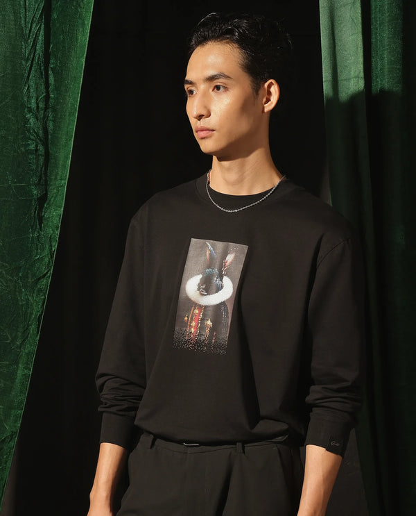 Rare Rabbit Men Rib Black Cotton Full Sleeve Crew Neck Discharge Animal Print Sweatshirt