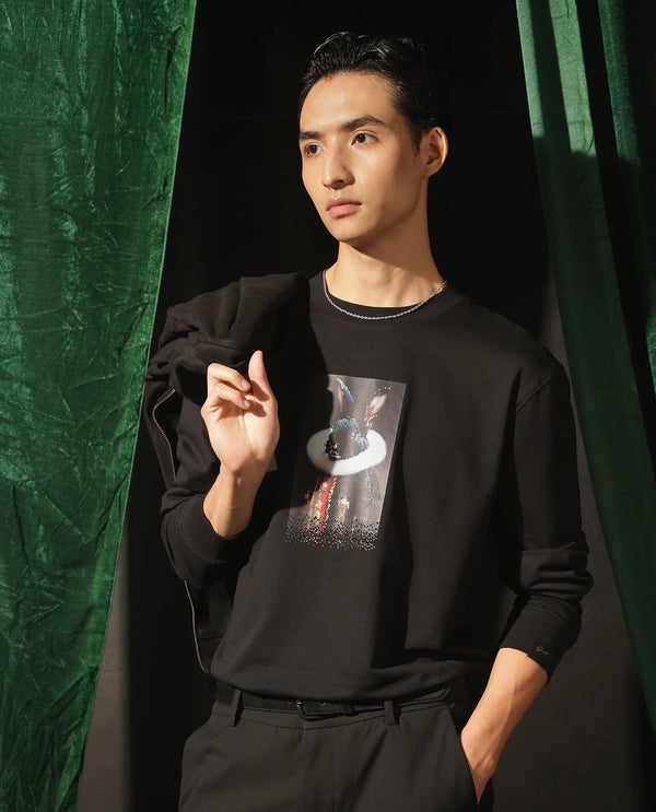 Rare Rabbit Men Rib Black Cotton Full Sleeve Crew Neck Discharge Animal Print Sweatshirt