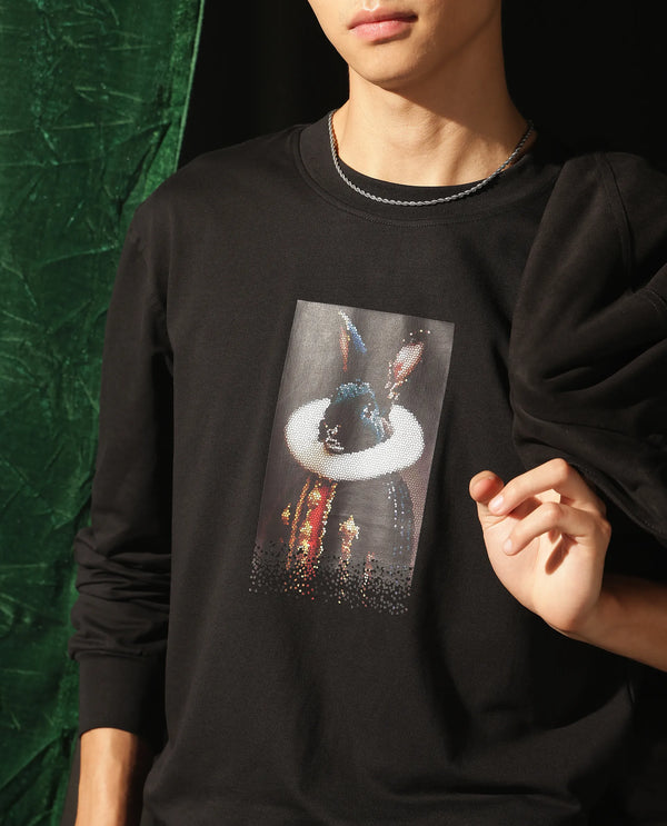 Rare Rabbit Men Rib Black Cotton Full Sleeve Crew Neck Discharge Animal Print Sweatshirt